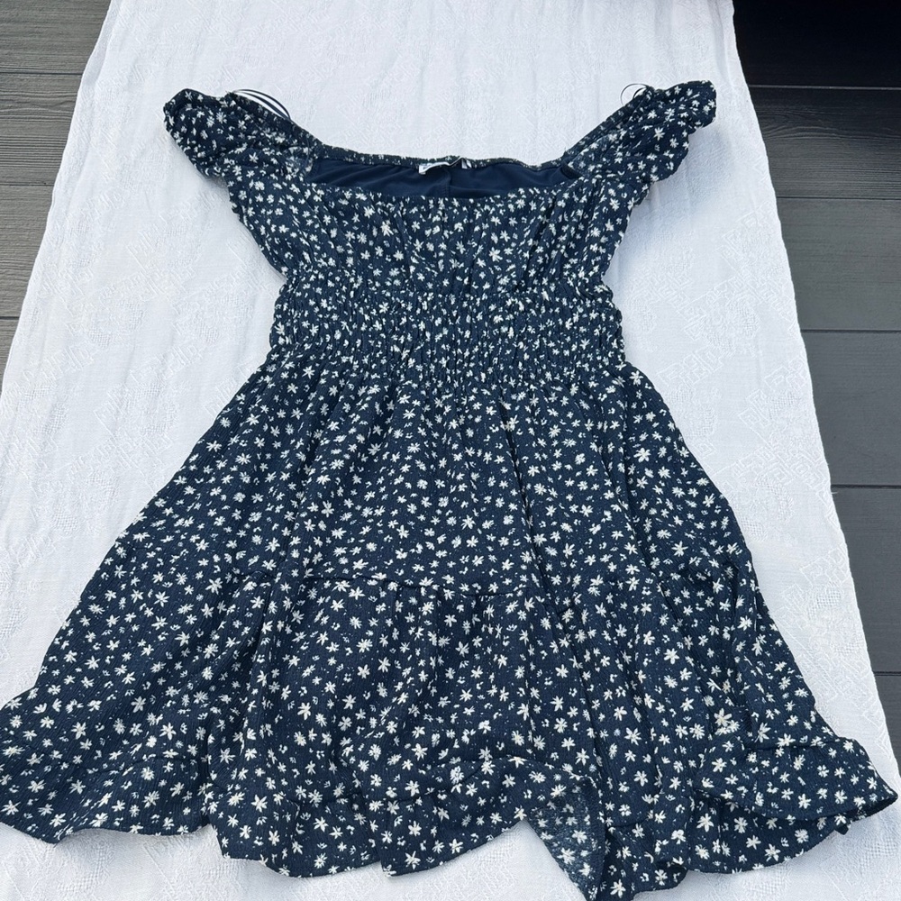 Bershka Dark Blue Mini Dress with White Floral Pattern
